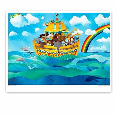 Noah's Ark: Poster for chil's bedroom showing the ark with animals on the sea, with a rainbow in the sky. Dolphins are jumping, and a whale swims under the boat. Noah is on deck, releasing the dove. A brightly-colored, naive painting.