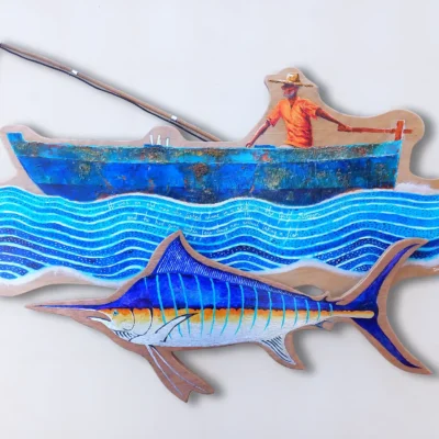 The Old Man and the Sea from Hemingway's novel, depicted in a colorful painting on wood. The old man is in a boat on the sea. A big silver and blue fish is below.