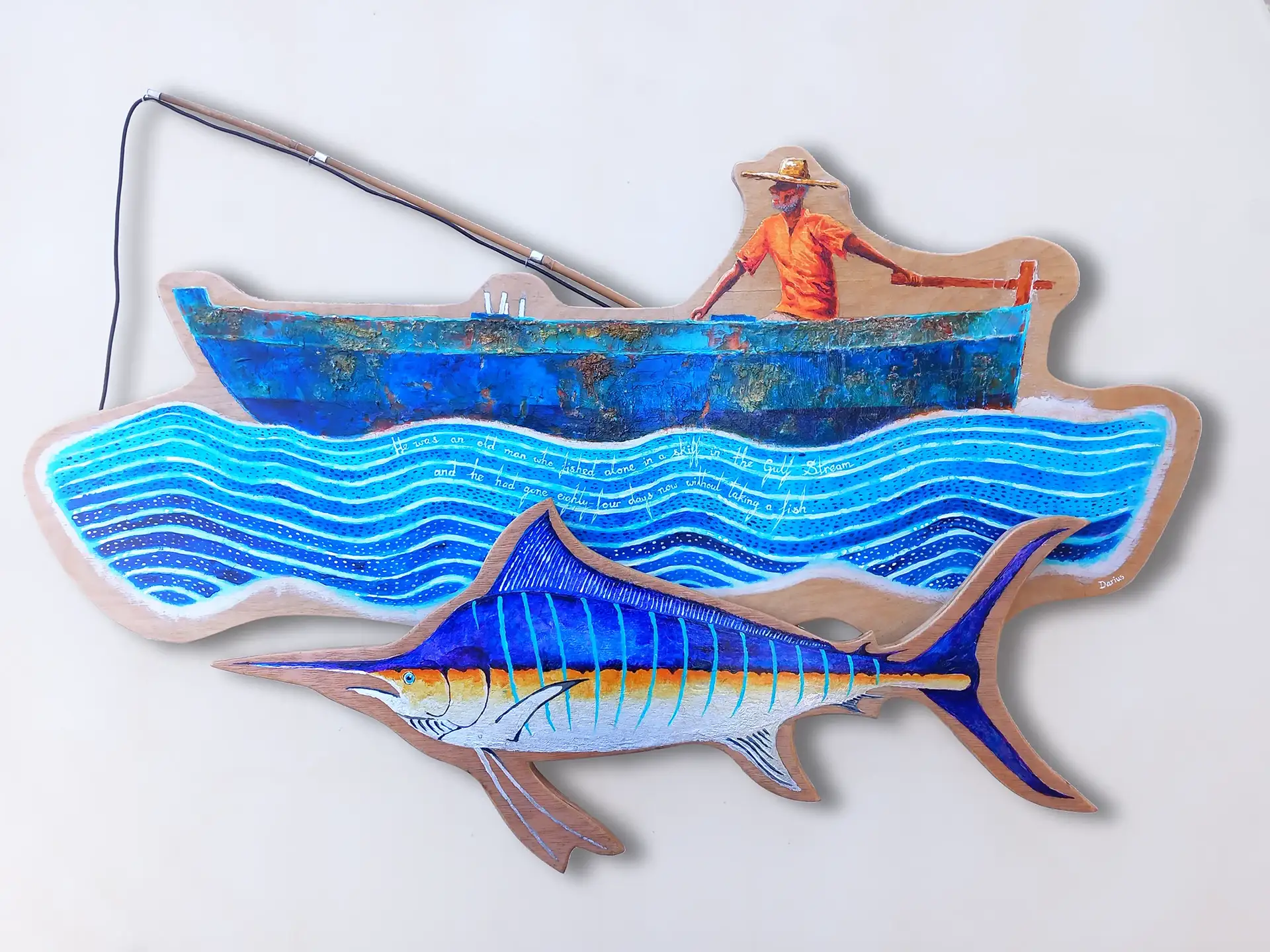 The Old Man and the Sea from Hemingway's novel, depicted in a colorful painting on wood. The old man is in a boat on the sea. A big silver and blue fish is below.