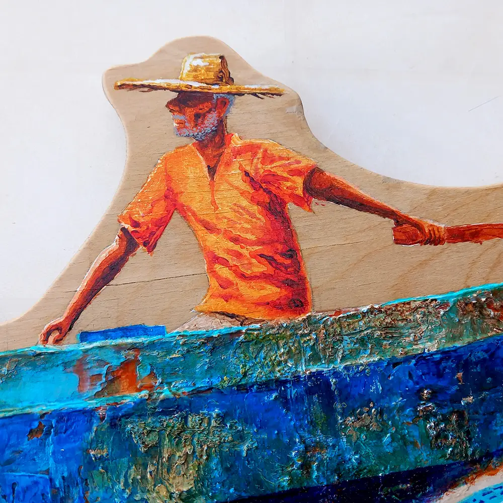 The Old Man and the Sea from Hemingway's novel, depicted in a colorful painting on wood. The old man is in a boat on the sea. (Detail)