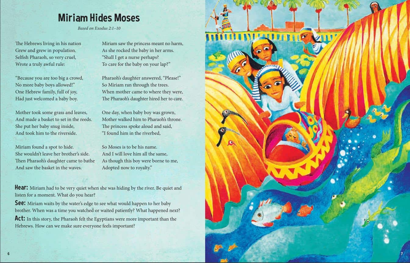 New children's Bible: a typical page spread showing text and artwork about Moses in the bullrushes