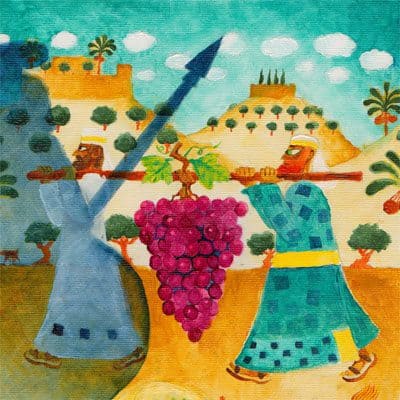 Parshat Shelach: The spies returning from Canaan in the shadow of a giant warrior (artwork detail).