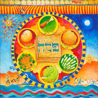 Pessach artwork showing elements from the festival of Passover: Matzah, the seder plate, and the Israelites crossing the Red Sea.