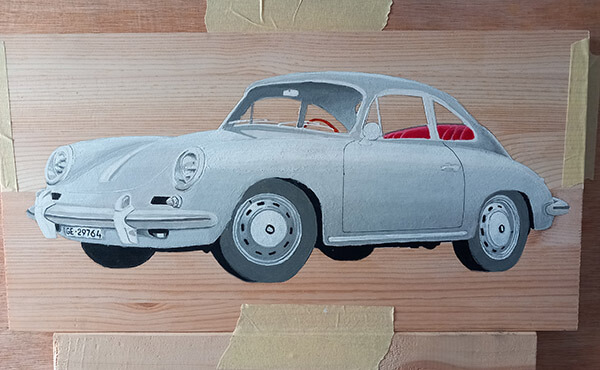 Porsche Art: Classic Porsche painting: A work-in-progress photo showing the main elements filled in, without the detail.