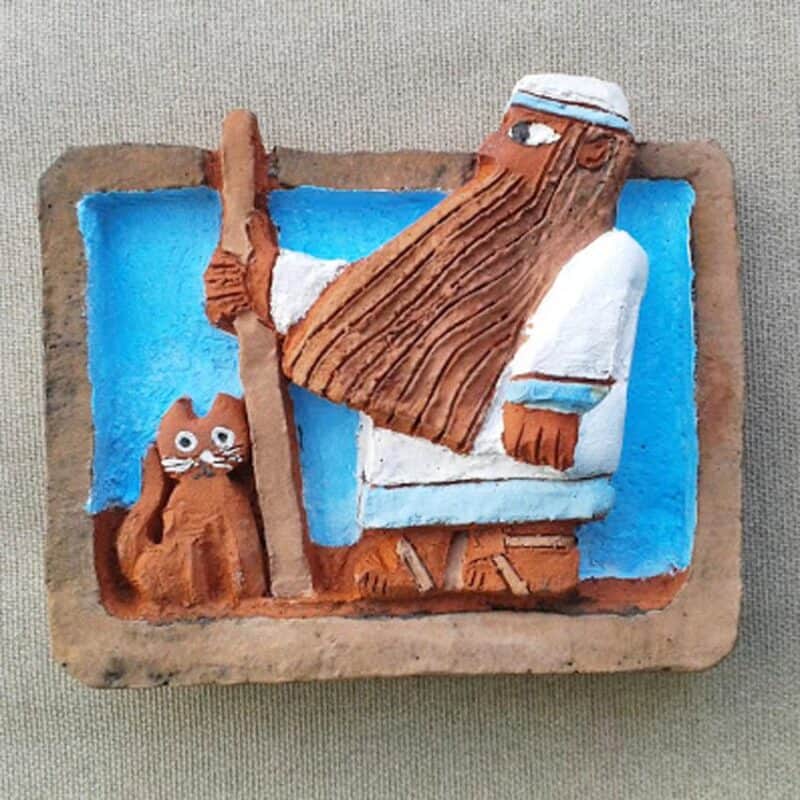 ceramic Biblical art, Jewish art, ancient patriarch and cat