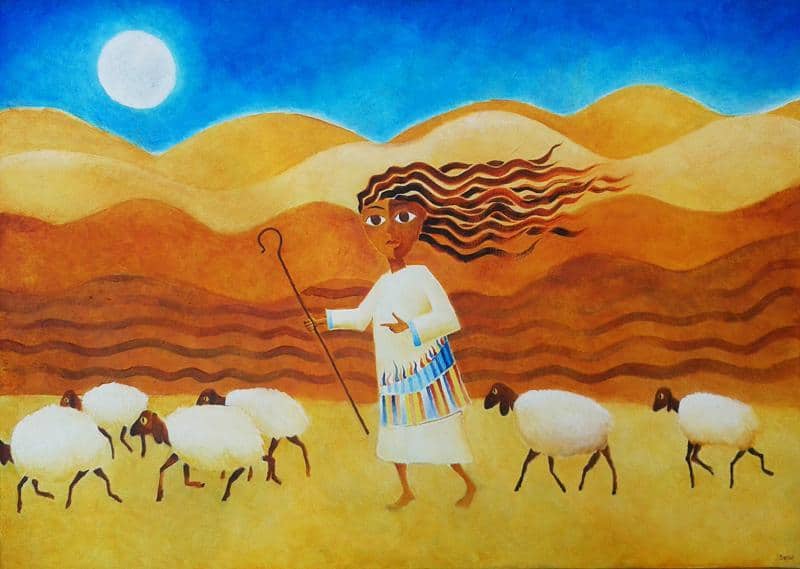 A painting showing a shepherdess in the desert, leading her sheep by moonlight.