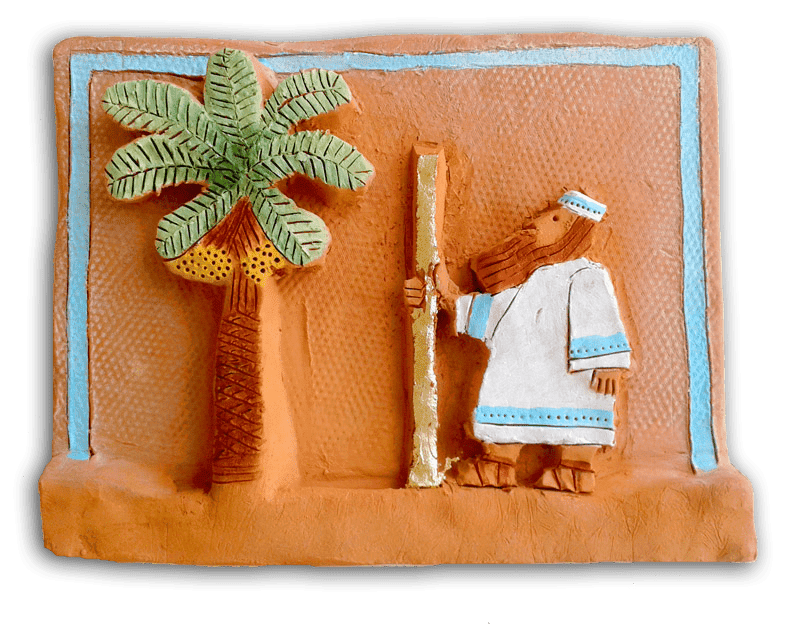 Naive ceramic sculpture. Biblical art. A prophet and a tree. Ceramic wall art.