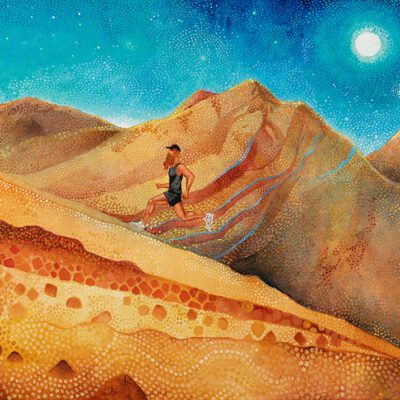 Tommy Rivs running up a mountain in a desert landscape. Artwork entitled "Upward over the Mountain" by Darius Gilmont.