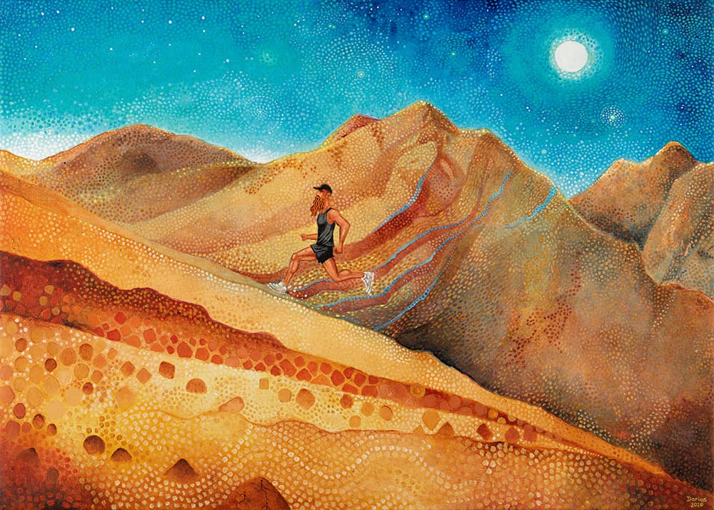 Tommy Rivs running up a mountain in a desert landscape. Artwork entitled "Upward over the Mountain" by Darius Gilmont.