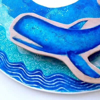 Blue whale; Folk art; The front part of my new whale art piece on wood, blue colour theme.