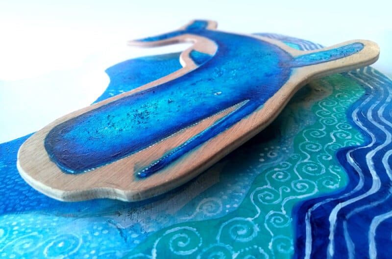 Blue whale; Close-up view of my new whale art piece on wood, blue colour theme.