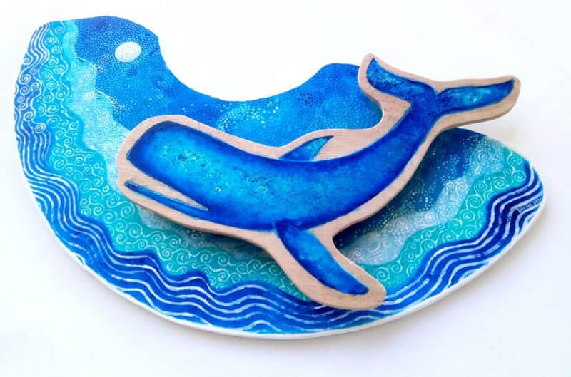 Blue whale; View of my new whale art piece on wood, blue colour theme.