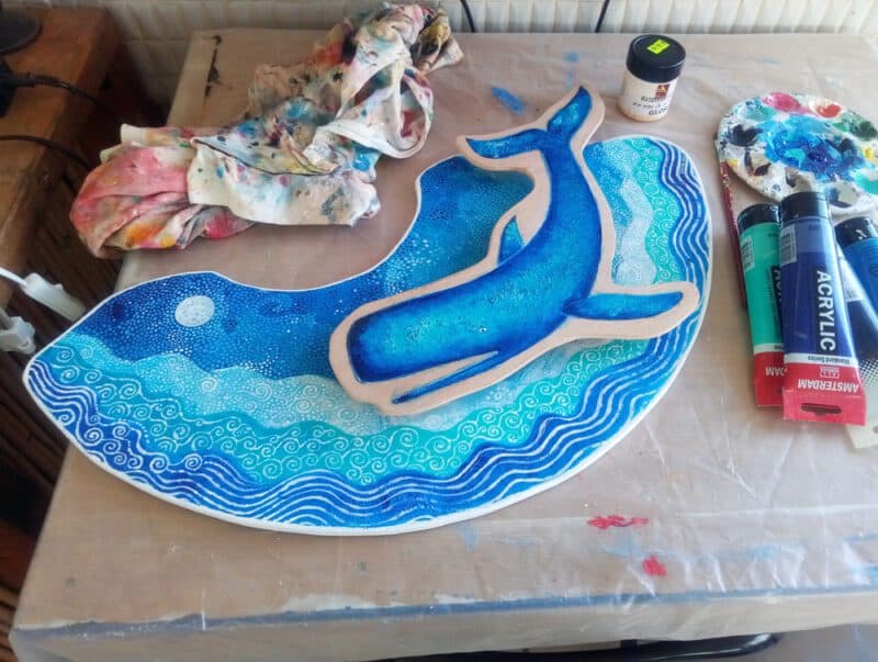 Blue whale; view of my whale art piece on wood, in blue.