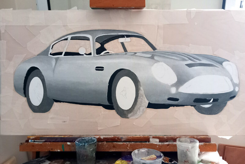 Car painting - progress photo showing greyscale underpainting
